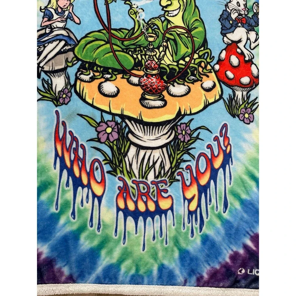 Liquid Blue Alice Wonderland Who Are You Tie Dye Sherpa Blanket Psychedelic